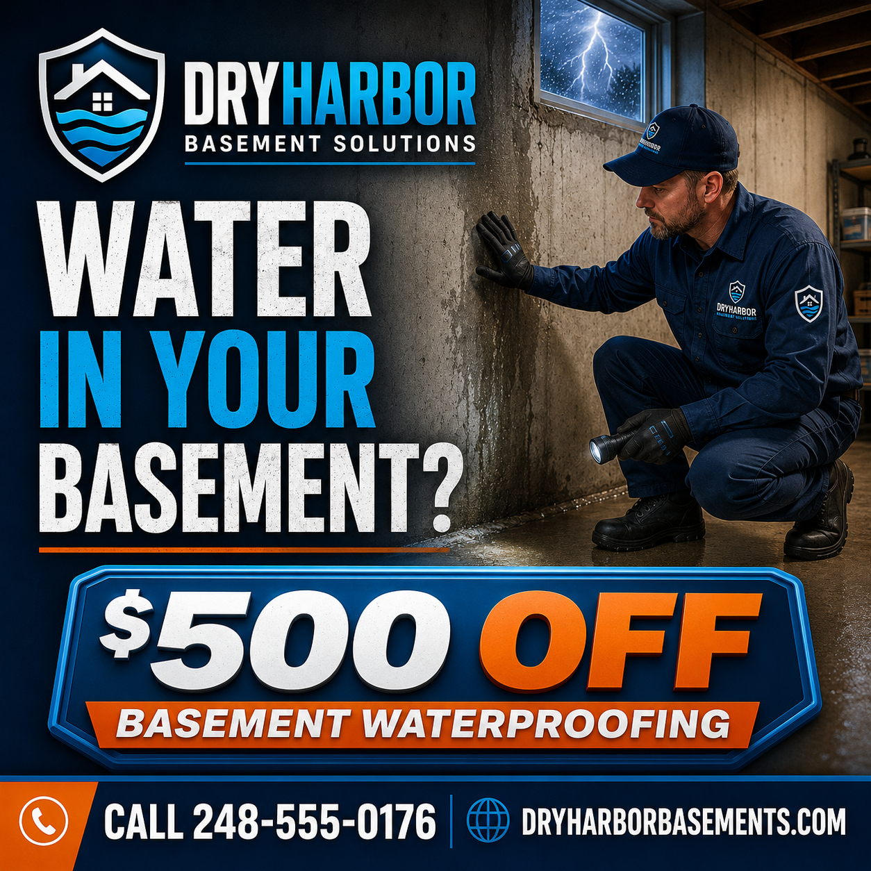 Michigan basement waterproofing Facebook advertising example promoting $500 off waterproofing