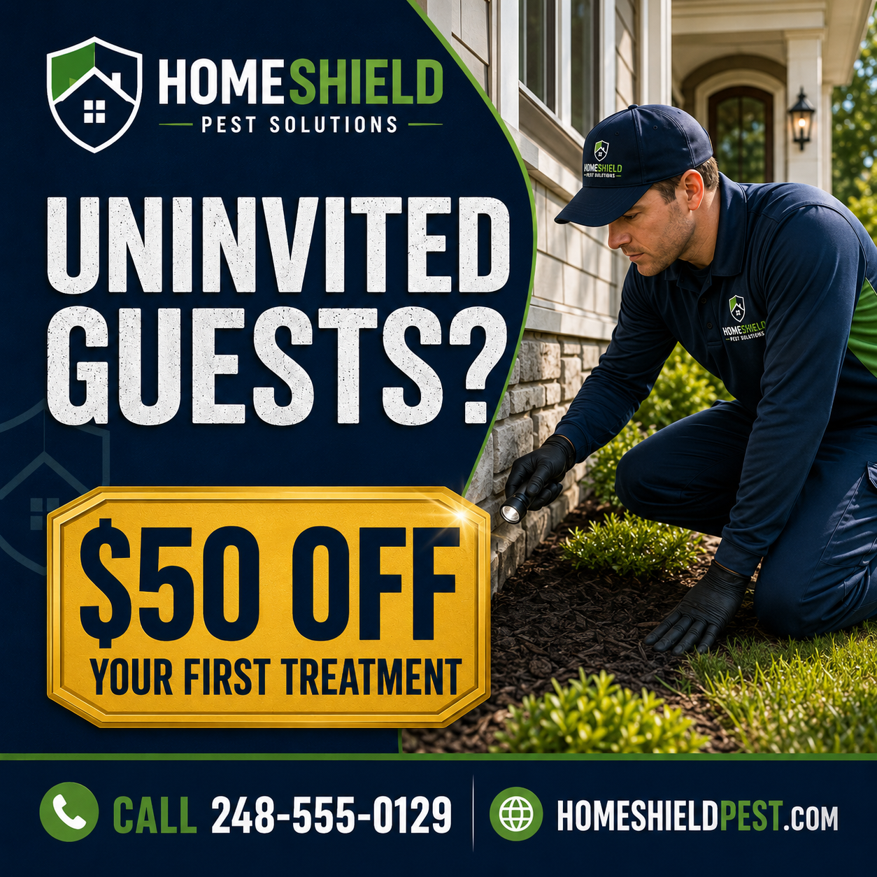 Michigan pest control Facebook advertising example promoting $50 off a first treatment