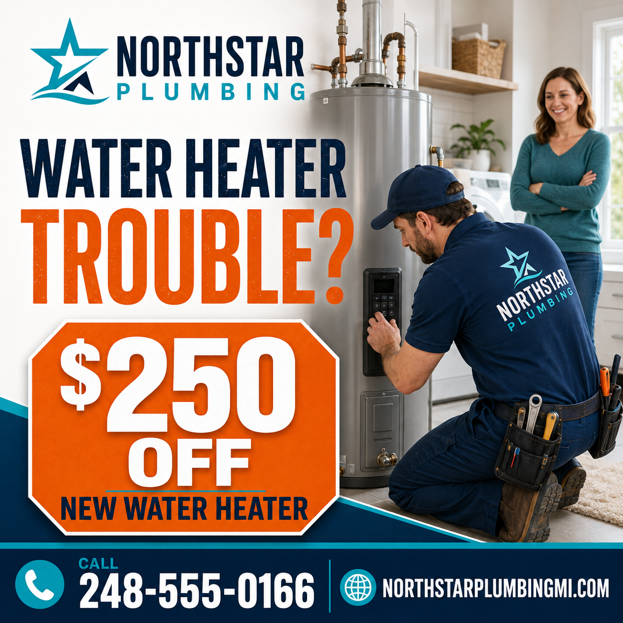 Michigan plumbing Facebook advertising example promoting $250 off a new water heater